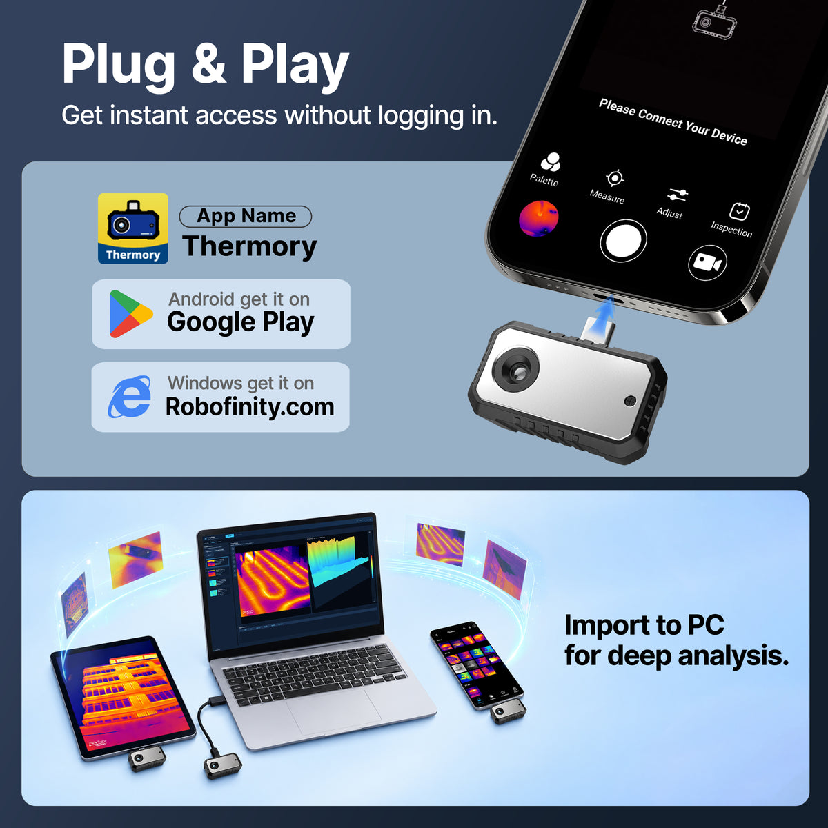 2-in-1 Wärmekamera für Android & Windows PC, 256×192 – Heim-, HVAC-, Elektro- und Kfz-Inspektion | Robofinity Thermory