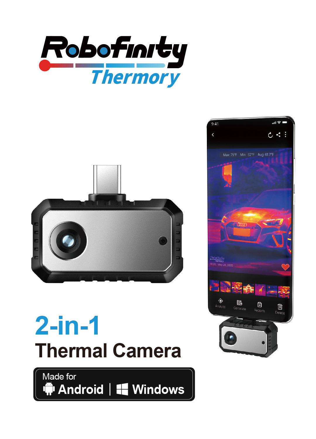 2-in-1 Thermal Camera for Android & Windows PC, 256×192 – Home, HVAC, Electrical & Automotive Inspection | Robofinity Thermory